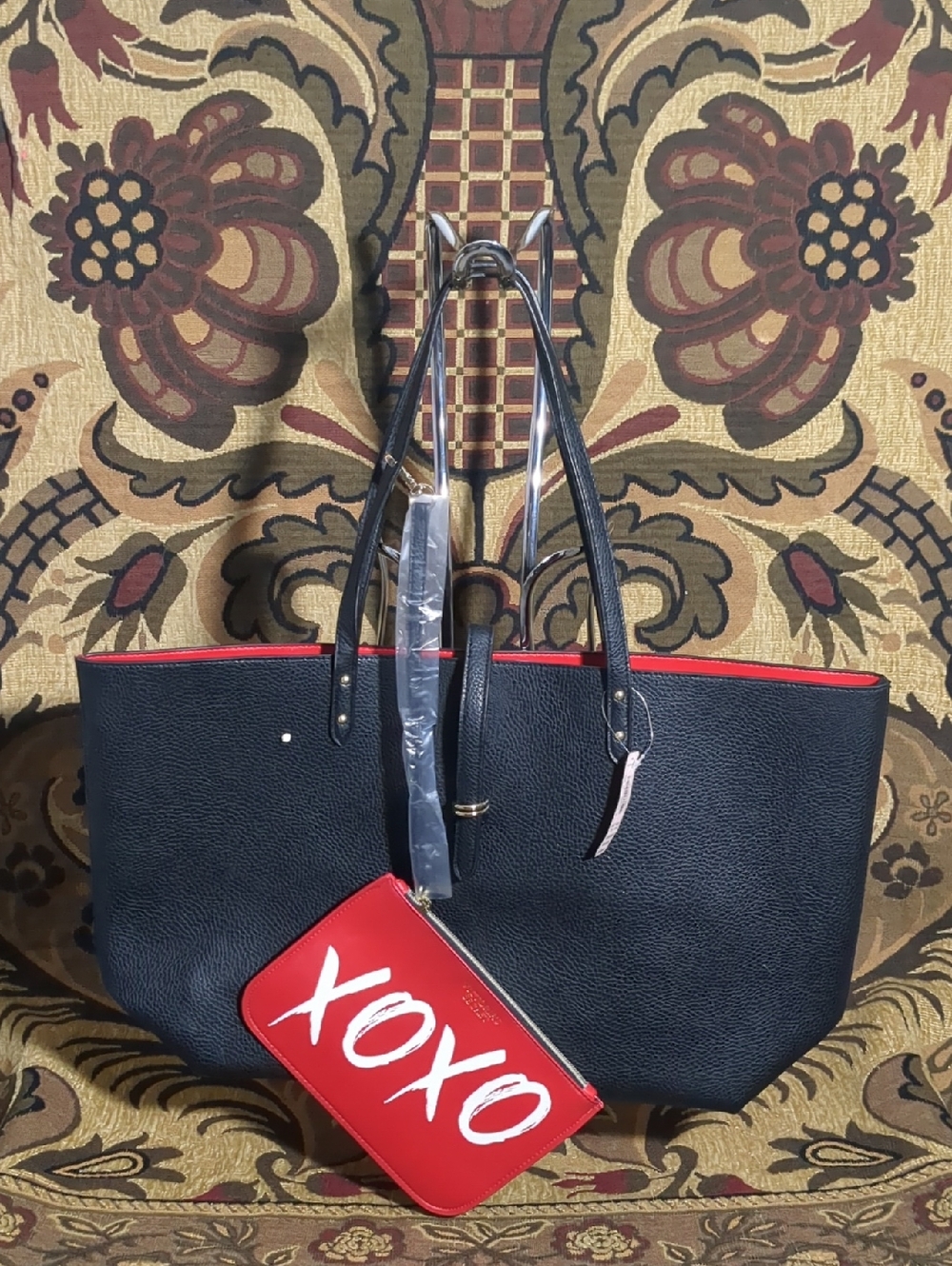 Victoria's Secret Black Tote with Red Trim and Red XOXO Pouch